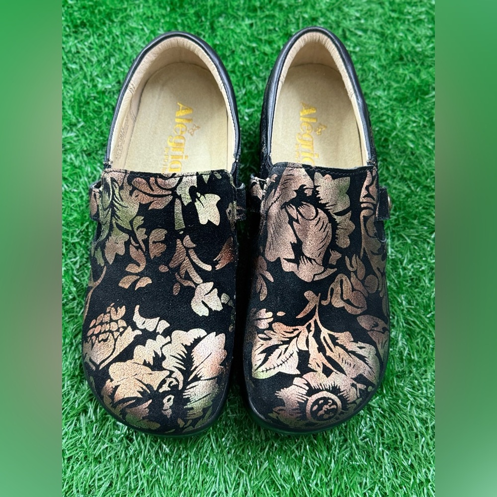 Alegria Clogs Size 40 KARA Regal Copper Black Floral Suede KAR-557X Size 36